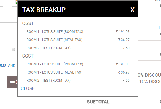 Taxes breakup on Booking Engine